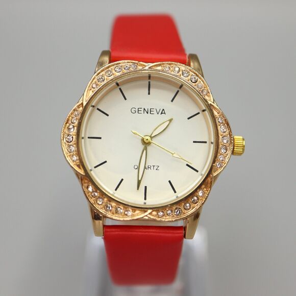 Geneva Ladies Gold Tone Flower Watch Jewel Bezel Red Faux Leather w New Battery - Picture 2 of 10